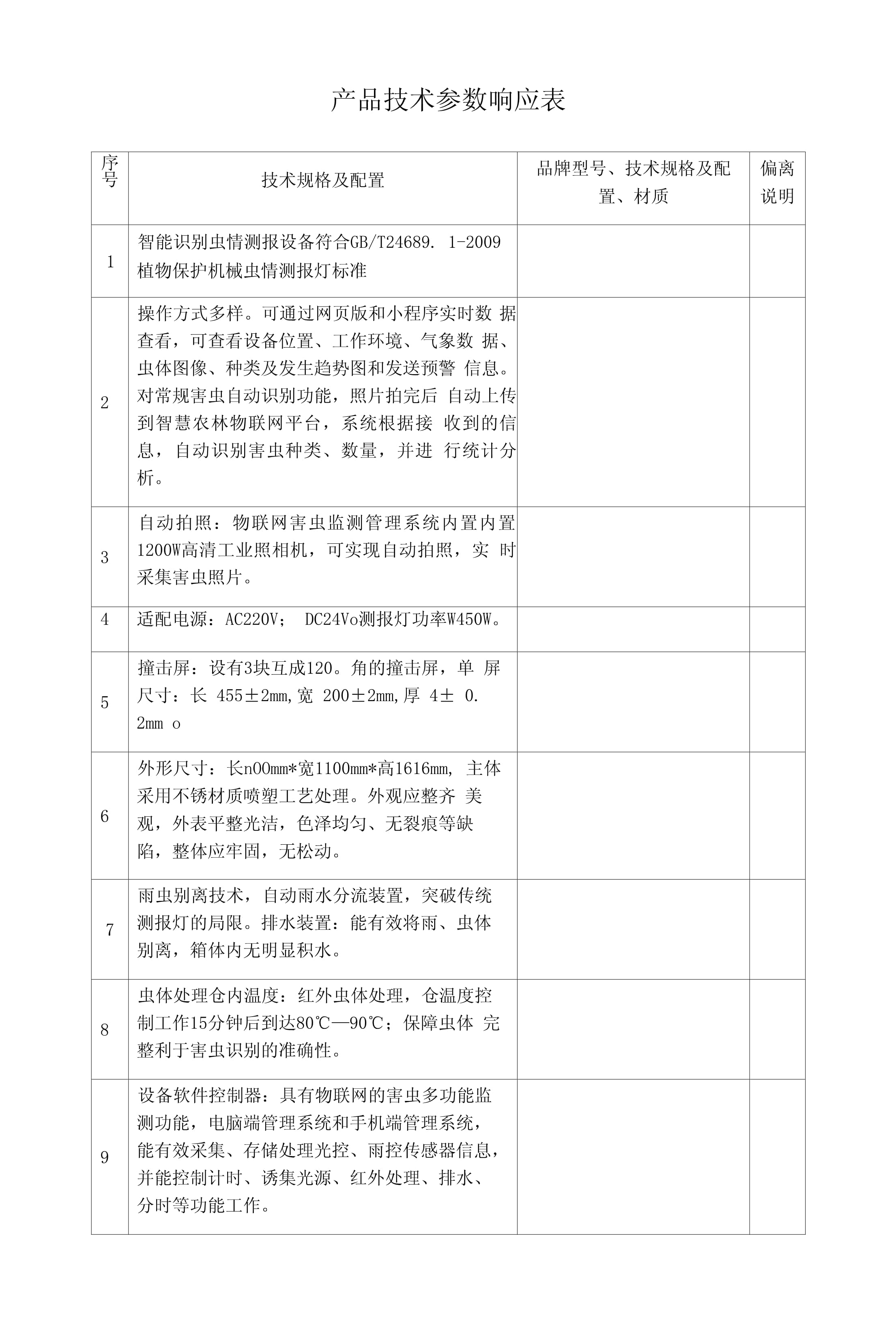 产品技术参数响应表 第1页——技术开发需求解析